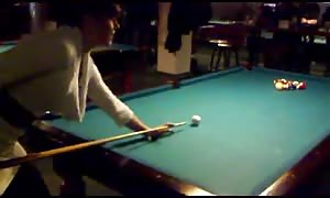 After playing billiards brown haired newcummer hooker deepthroating prick in the restroom